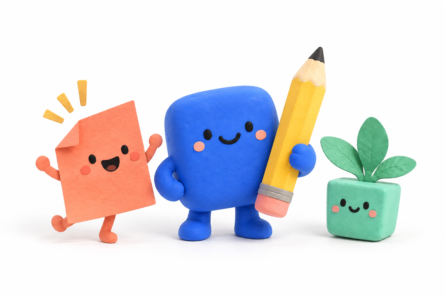 A blue character with a pencil beside a paper friend and a small block plant
