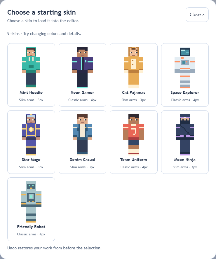 More skins opens a picker; selecting a card loads the matching skin and arm model.